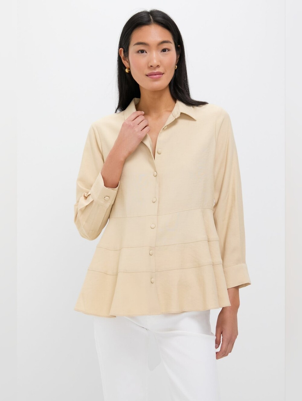 Tuckernuck Pomander Place Ashlen Blouse Tan Size XS Peplum Tiered Button Front